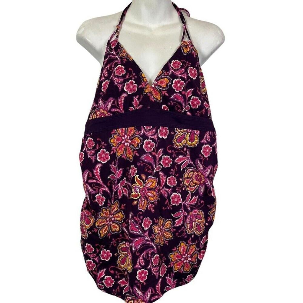 Motherhood Maternity Plum Floral Tankini Swimsuit Top Halter Bathing Suit sz XL